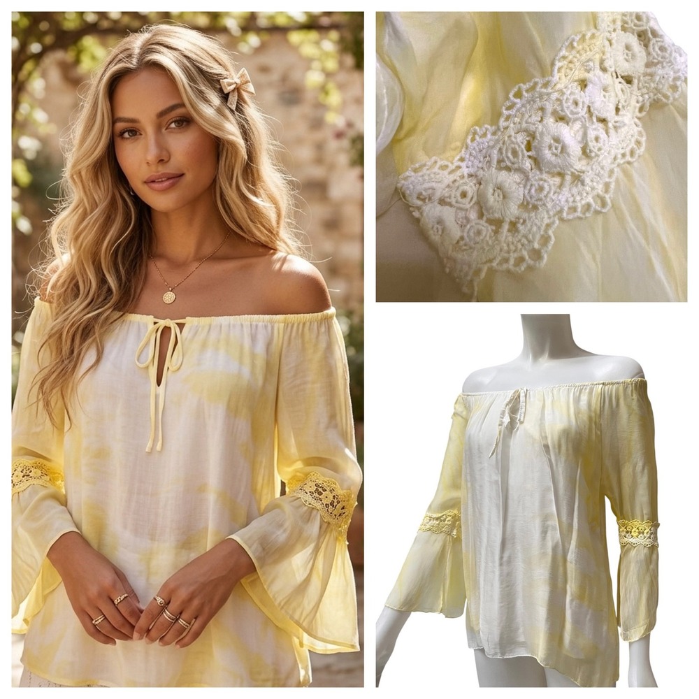 Yellow Silk Blend Crochet Lace Boho Peasant Blouse Cottagecore Italy Made NWT L